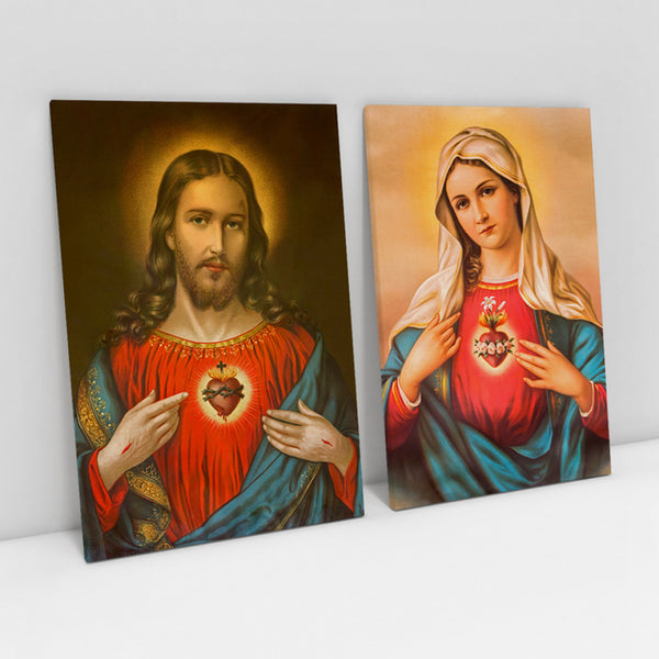 Quadro Decorativo Religioso Sagrado Coração de Jesus e Imaculado coração de Maria Kit com 2 Quadros